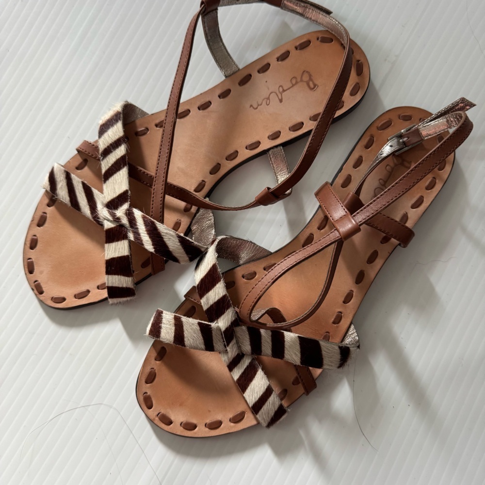 Boden Brown Leather Sandals with Cream & Dark Brown Striped Haircalf Straps